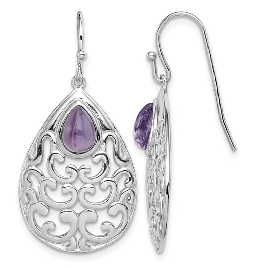 Sterling Silver Rhodium-plated Amethyst Teardrop Shepherd Hook Earrings