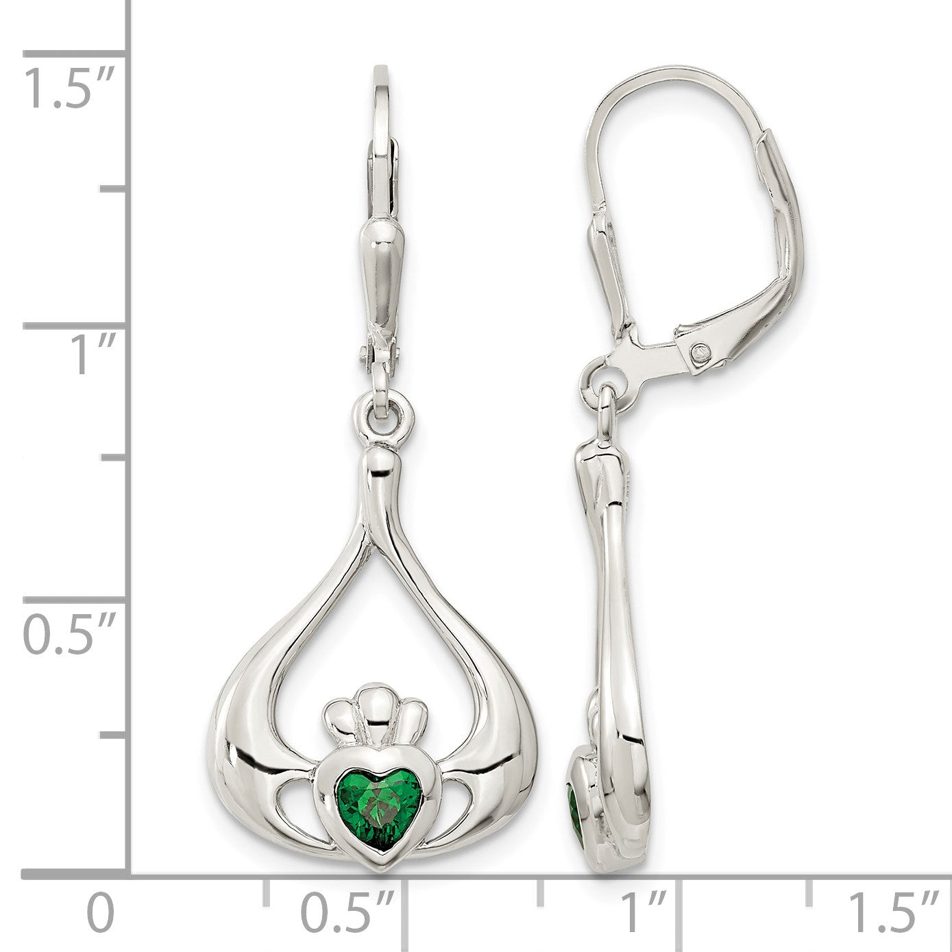 Sterling Silver Rhod-pltd Grn CZ Heart Leverback Claddagh Dangle Earrings