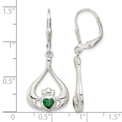Sterling Silver Rhod-pltd Grn CZ Heart Leverback Claddagh Dangle Earrings