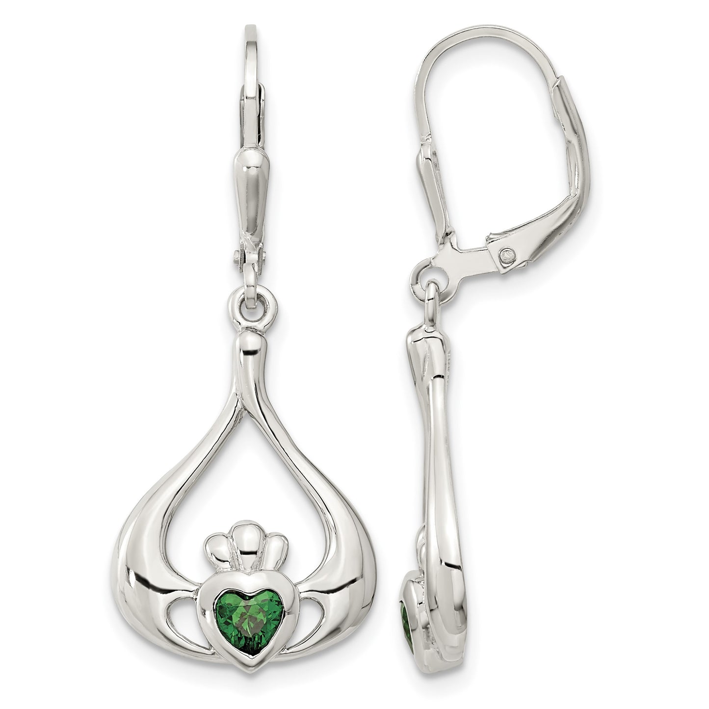 Sterling Silver Rhod-pltd Grn CZ Heart Leverback Claddagh Dangle Earrings