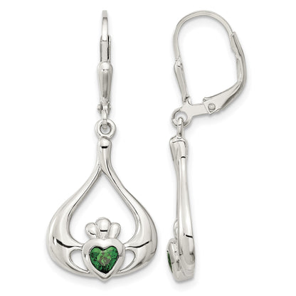 Sterling Silver Rhod-pltd Grn CZ Heart Leverback Claddagh Dangle Earrings