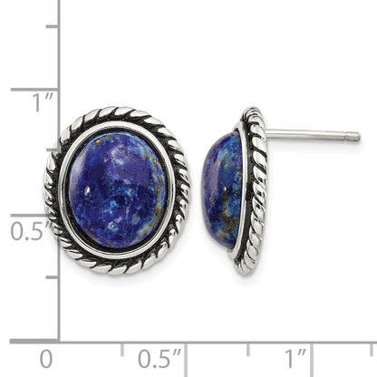 Sterling Silver Polished/Antiqued Lapis Cabochon Post Earrings