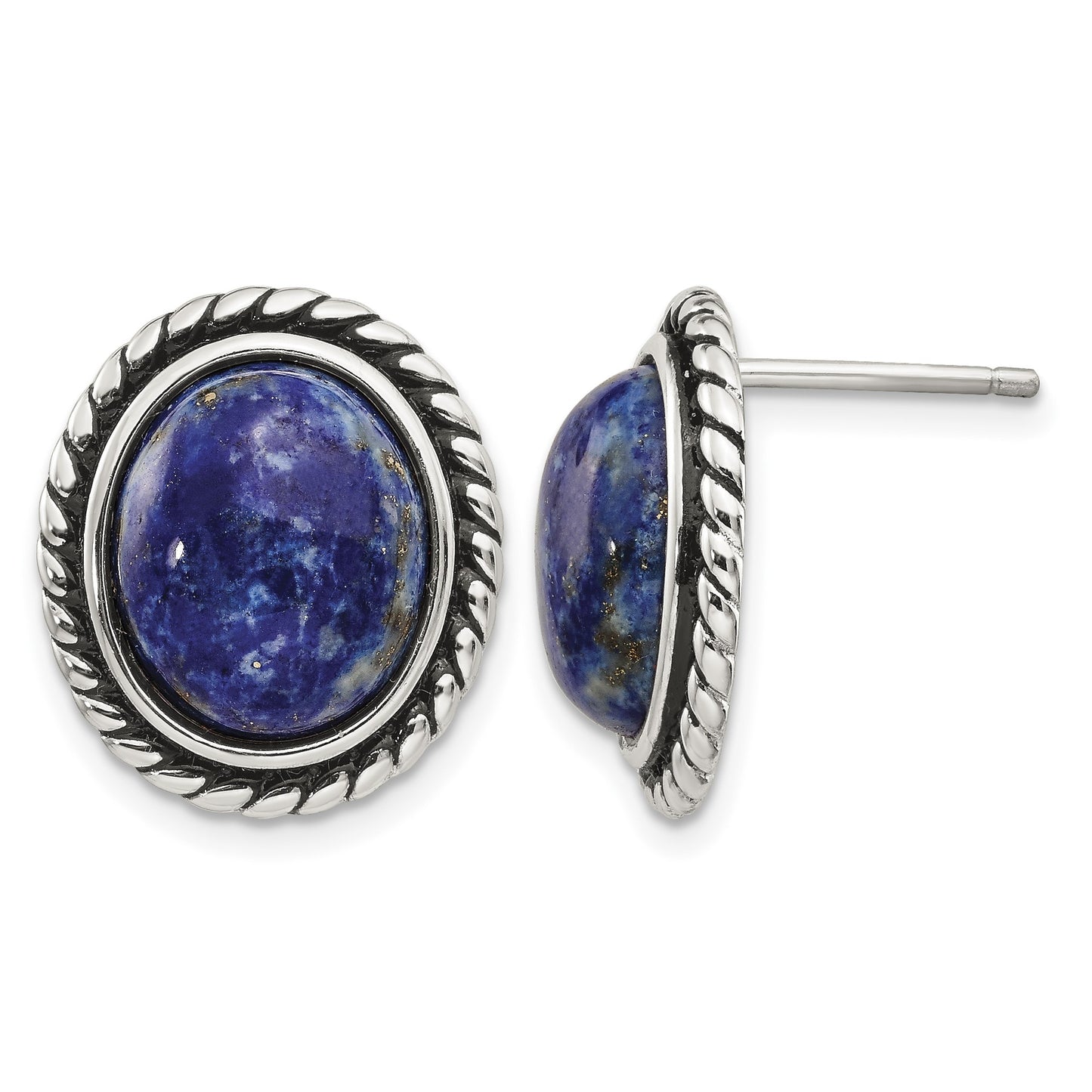 Sterling Silver Polished/Antiqued Lapis Cabochon Post Earrings