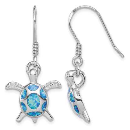 Sterling Silver Rhodium-plated Polished Created Blue Opal Turtle Shepherd Hook Earrings