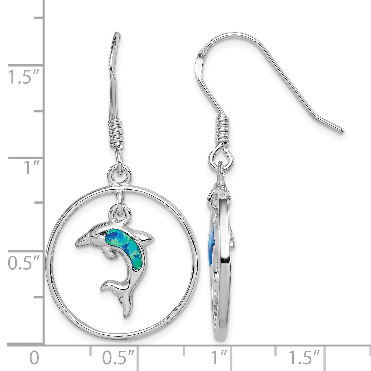 Sterling Silver Rhodium-plated Polished Created Blue Opal Dolphin Dangle Earrings