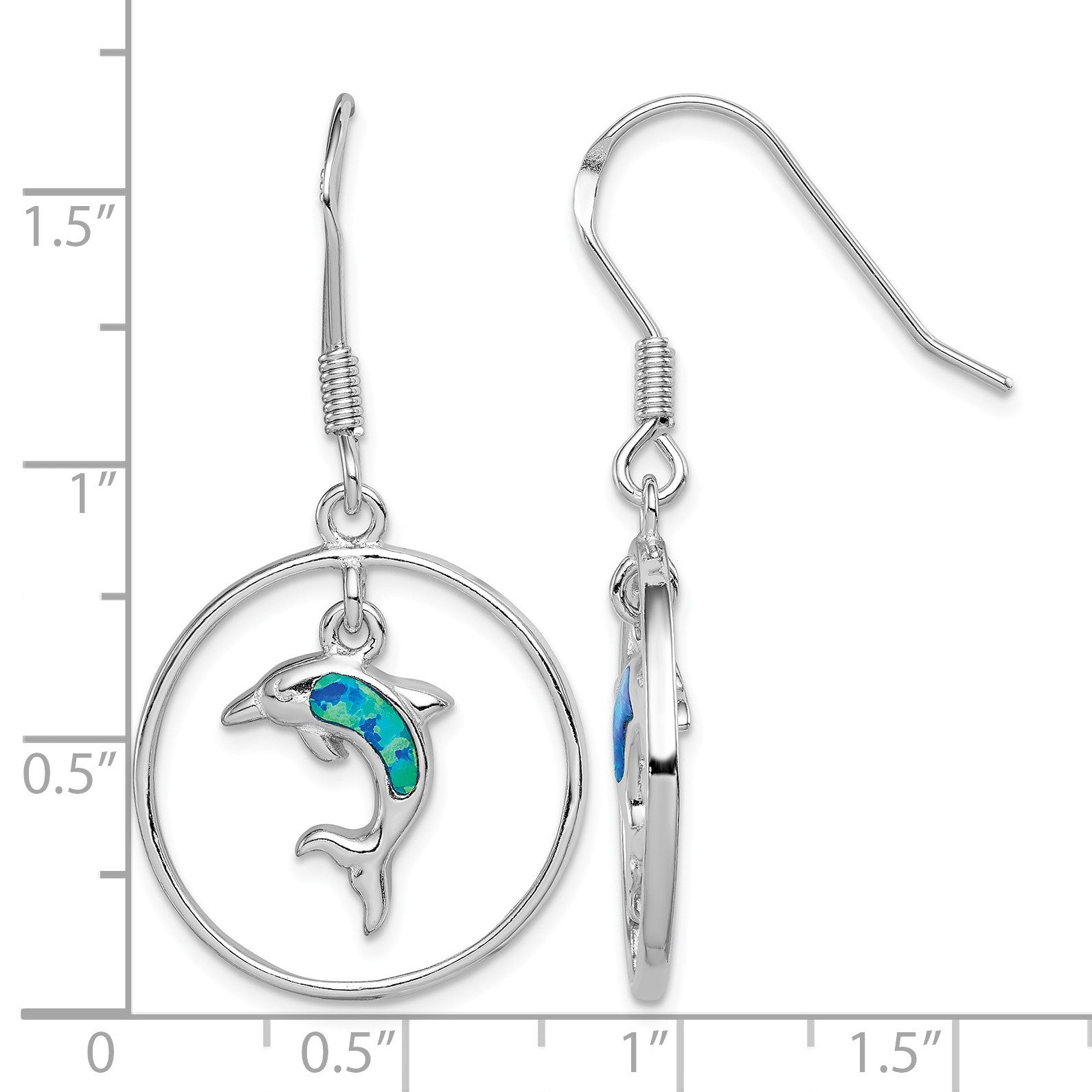 Sterling Silver Rhodium-plated Polished Created Blue Opal Dolphin Dangle Earrings