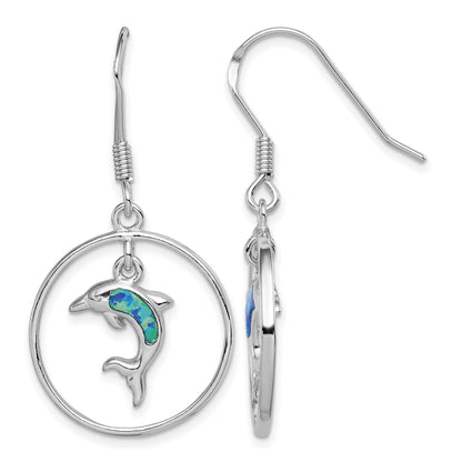 Sterling Silver Rhodium-plated Polished Created Blue Opal Dolphin Dangle Earrings