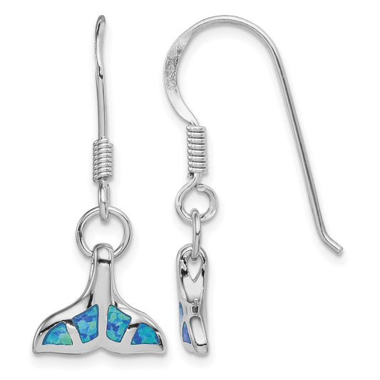 Sterling Silver Rhodium-plated Created Opal Dolphin Tail Dangle Earrings