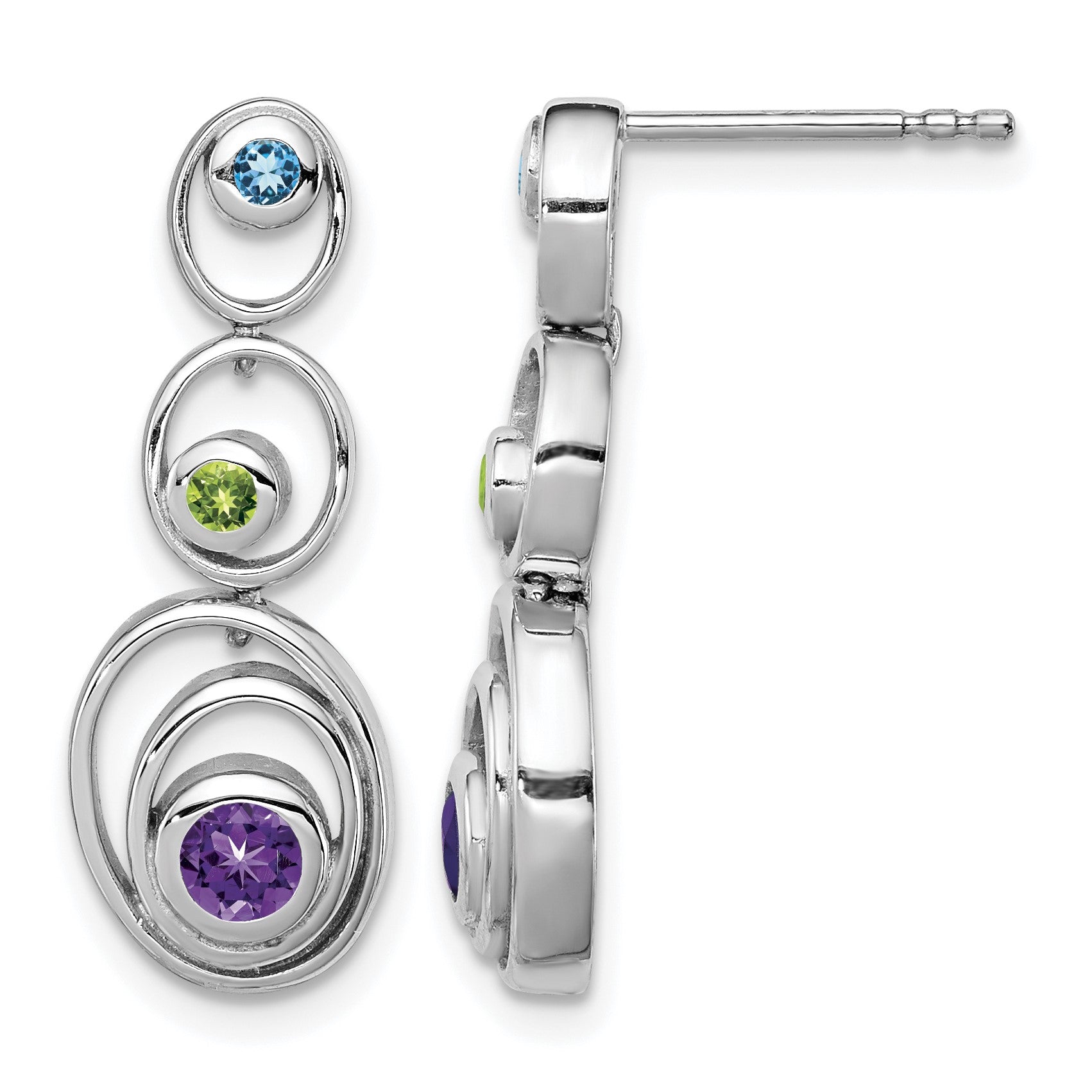 Sterling Silver Rhodium-plated Peridot Blue Topaz and Amethyst Earrings