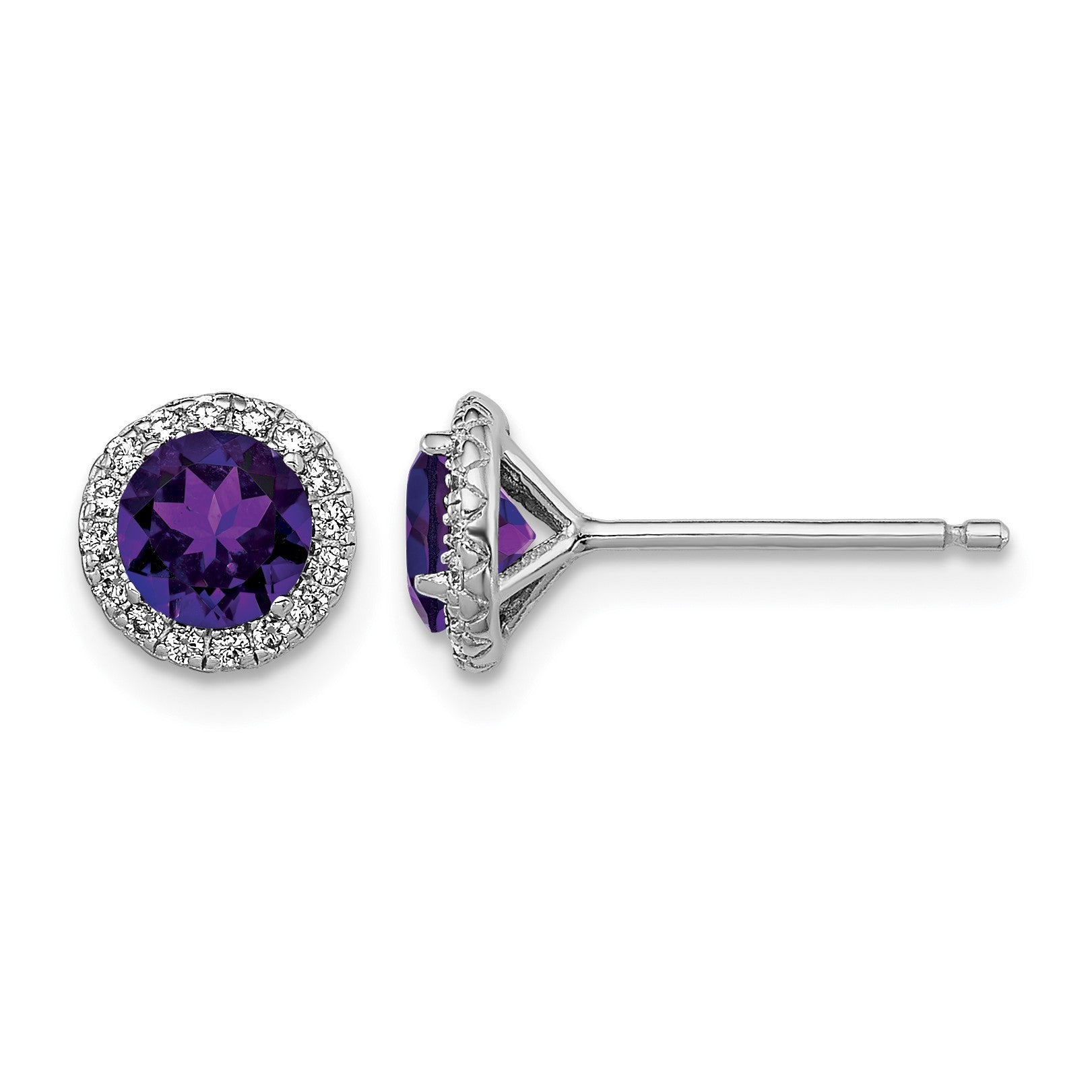 Sterling Silver Rhodium-plated Amethyst and CZ Post Earrings