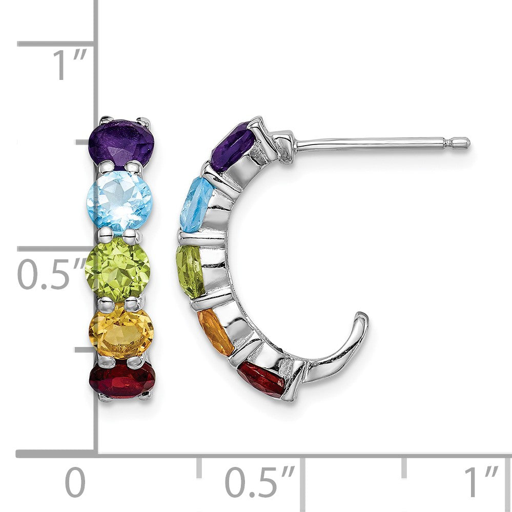 Sterling Silver Rhodium-plated Multi Gemstone J-Hoop Earrings
