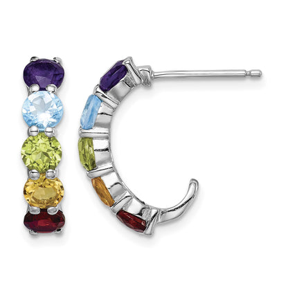 Sterling Silver Rhodium-plated Multi Gemstone J-Hoop Earrings