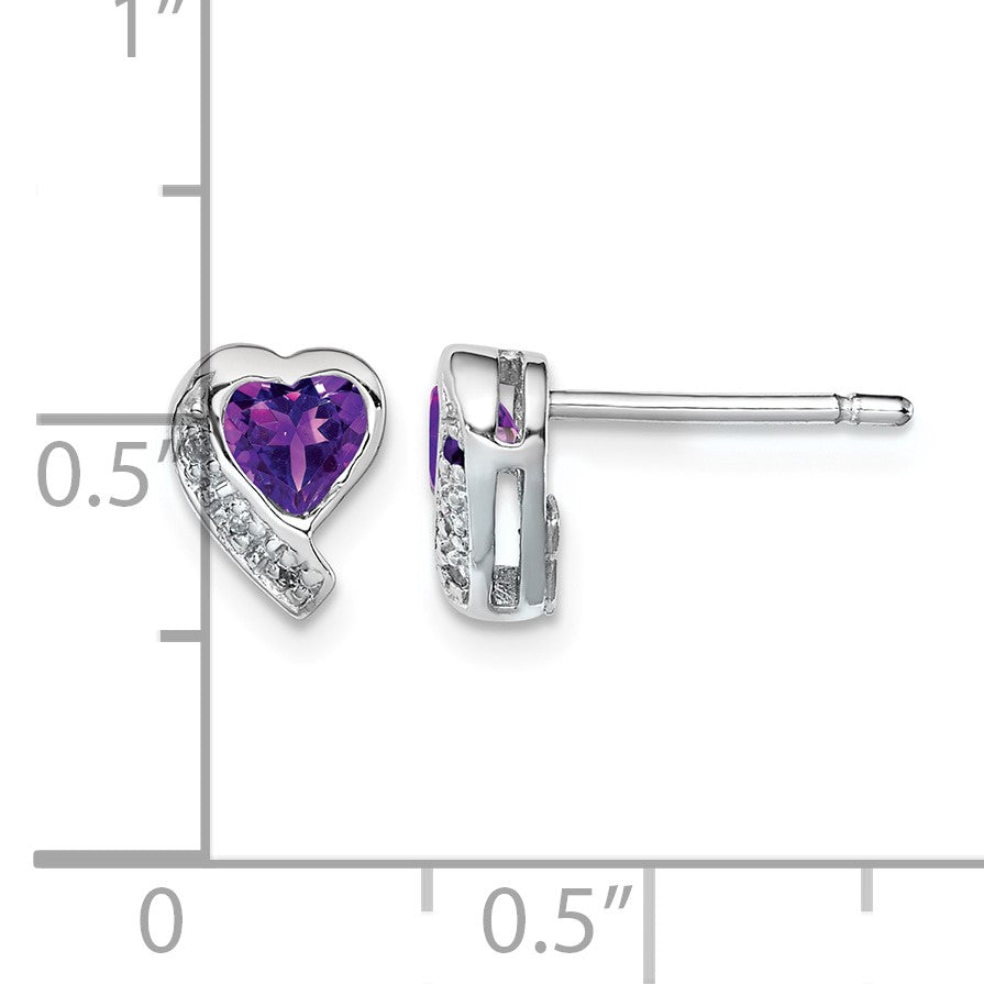 Sterling Silver Rhodium-plated Amethyst and Diamond Heart Earrings