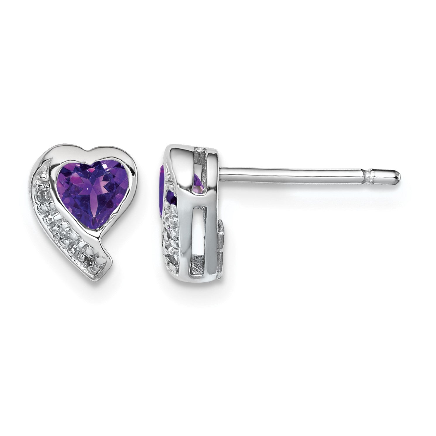 Sterling Silver Rhodium-plated Amethyst and Diamond Heart Earrings