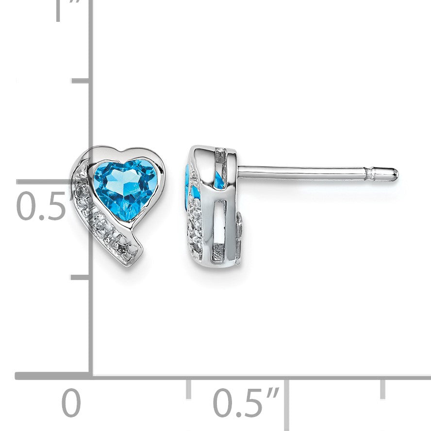 Sterling Silver Rhodium-plated Blue Topaz and Diamond Heart Earrings