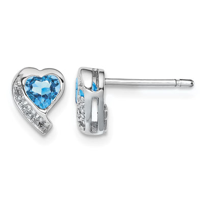 Sterling Silver Rhodium-plated Blue Topaz and Diamond Heart Earrings