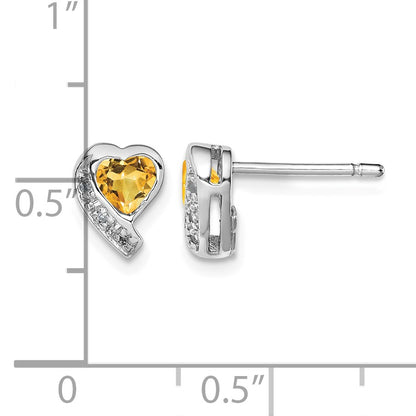 Sterling Silver Rhodium-plated Citrine and Diamond Heart Earrings