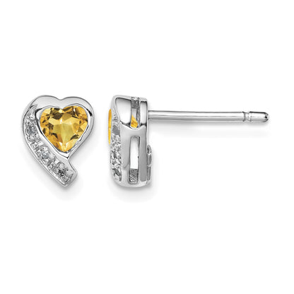 Sterling Silver Rhodium-plated Citrine and Diamond Heart Earrings