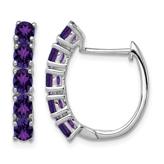 Sterling Silver Rhodium-plated Polished Amethyst Hinged Hoop Earrings