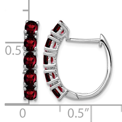 Sterling Silver Rhodium-plated Polished Garnet Hinged Hoop Earrings