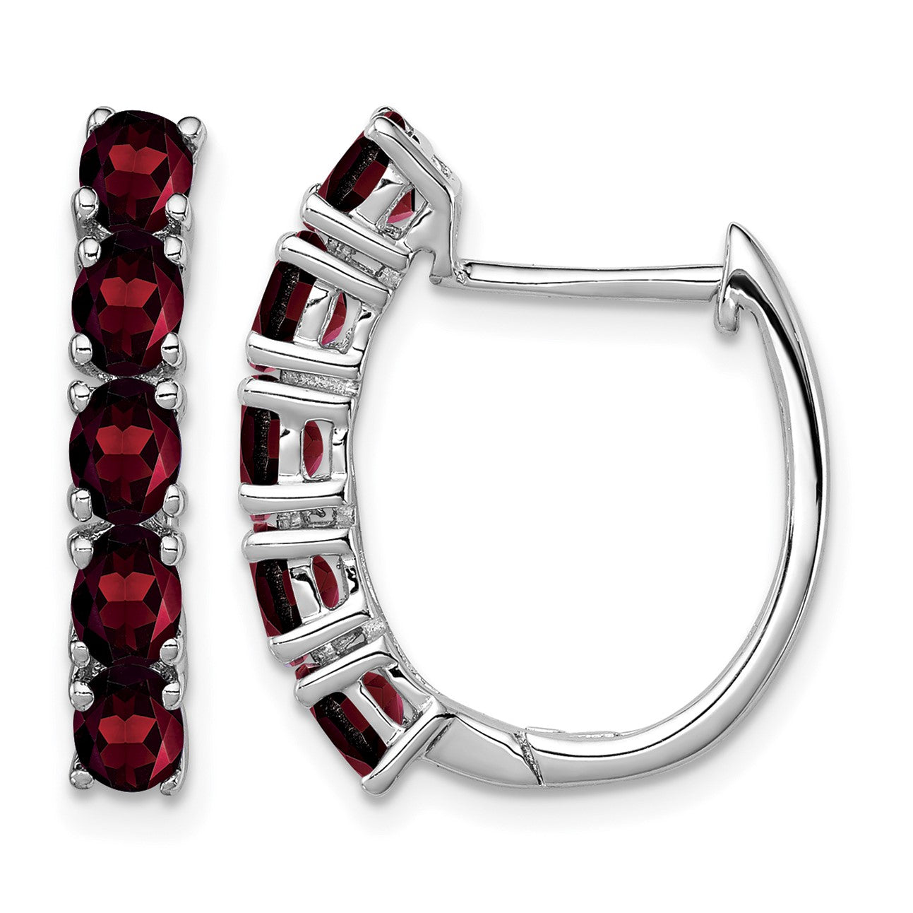 Sterling Silver Rhodium-plated Polished Garnet Hinged Hoop Earrings