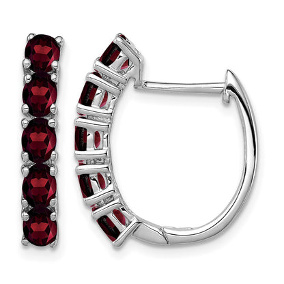 Sterling Silver Rhodium-plated Polished Garnet Hinged Hoop Earrings