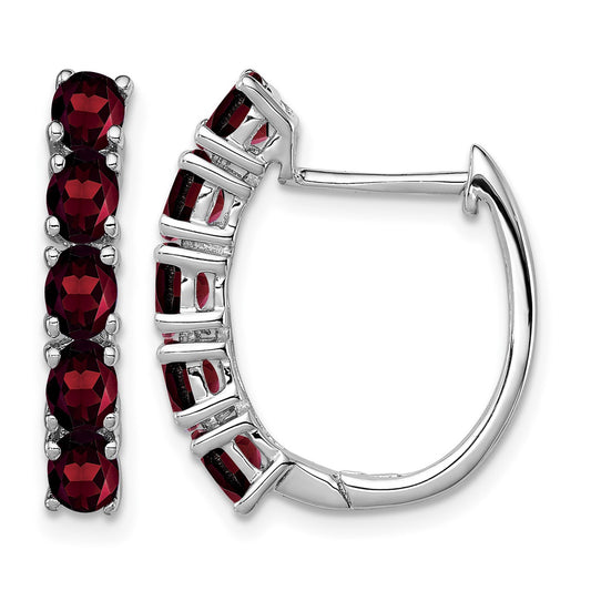 Sterling Silver Rhodium-plated Polished Garnet Hinged Hoop Earrings