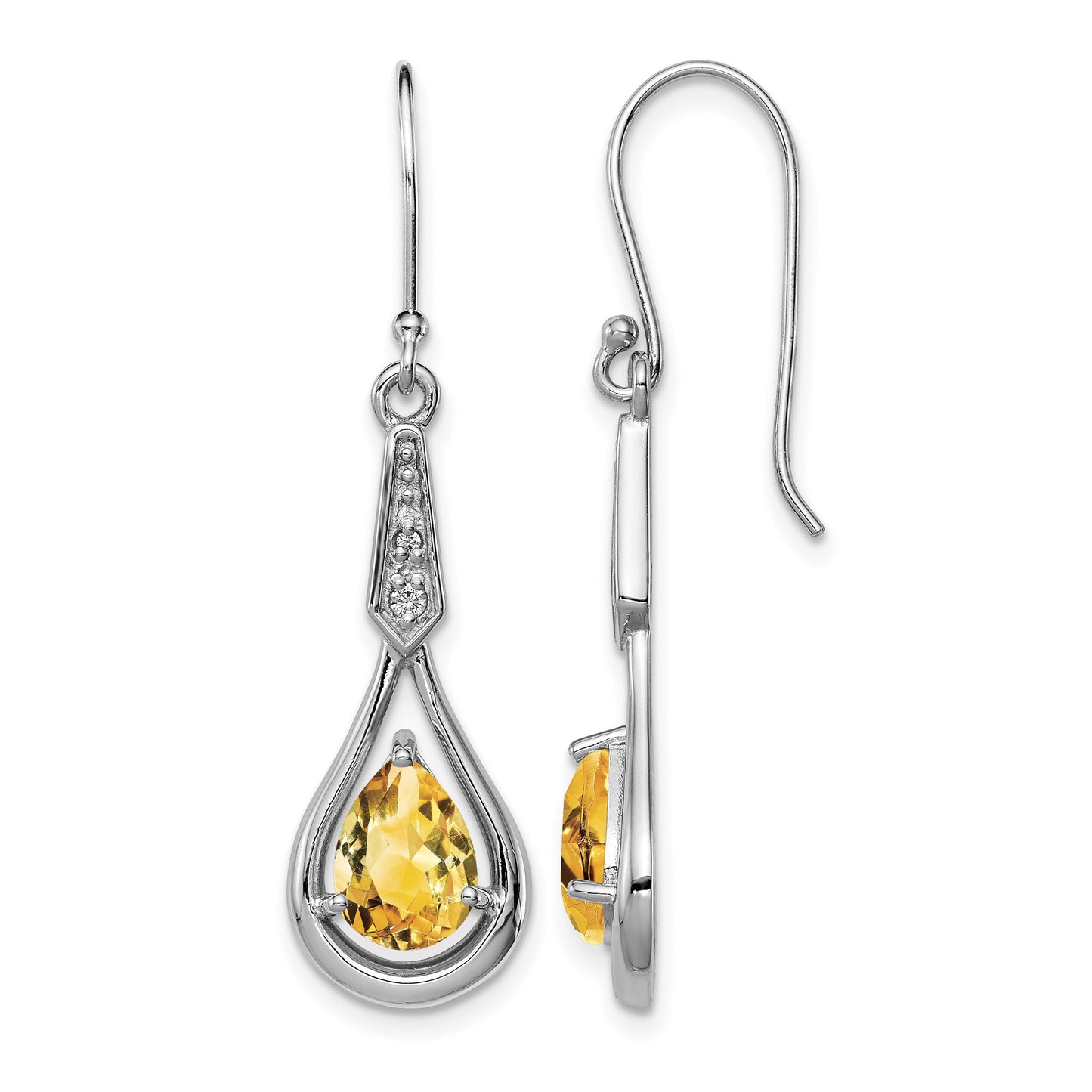 Sterling Silver Rhodium-plated CZ and Citrine Dangle Earrings