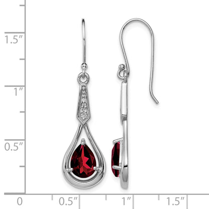 Sterling Silver Rhodium-plated CZ and Garnet Shepherd Hook Earrings