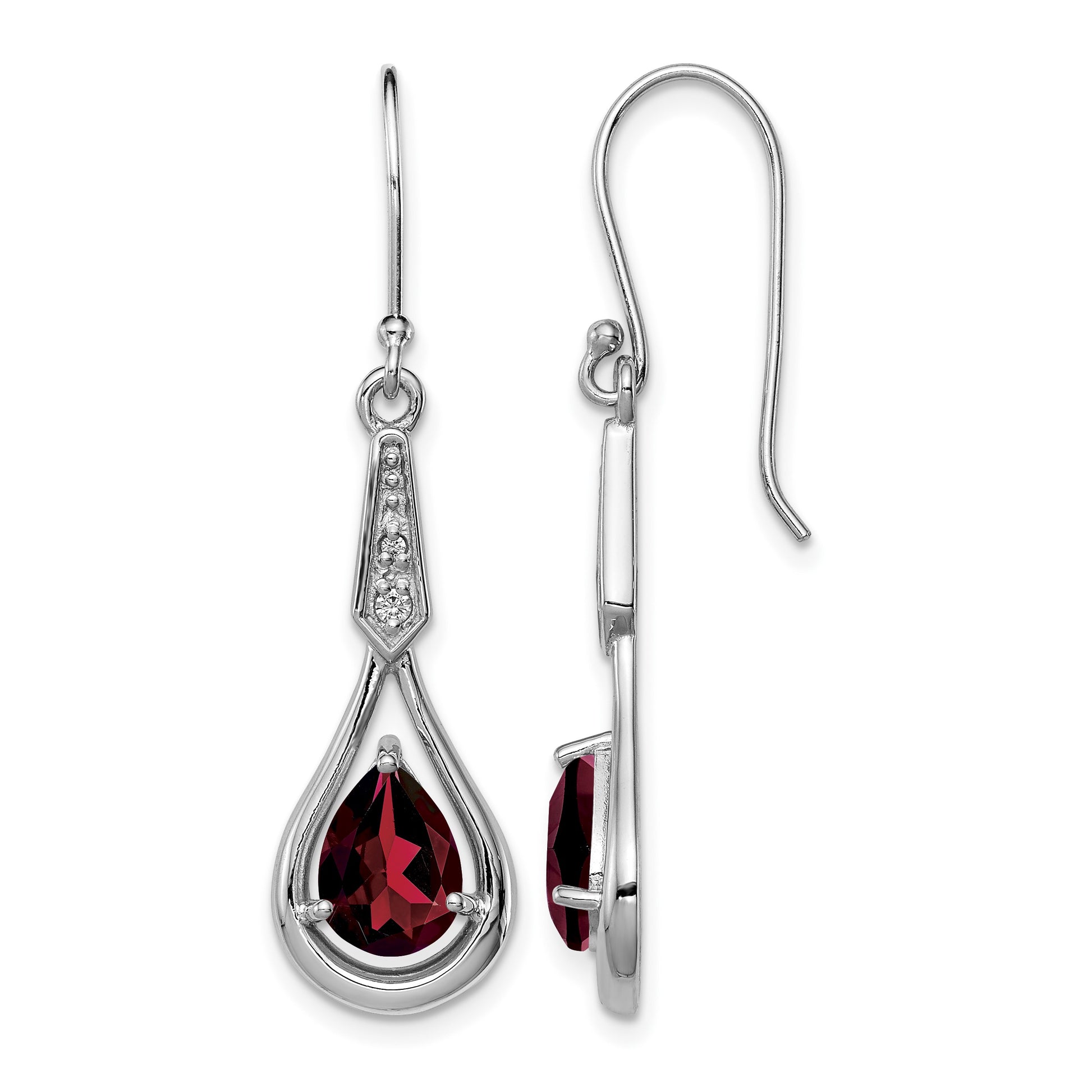 Sterling Silver Rhodium-plated CZ and Garnet Shepherd Hook Earrings