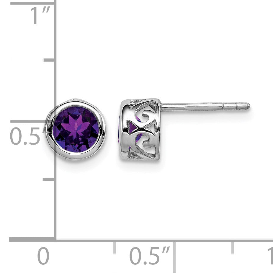Sterling Silver Rhodium-plated Polished Amethyst Round Post Earrings
