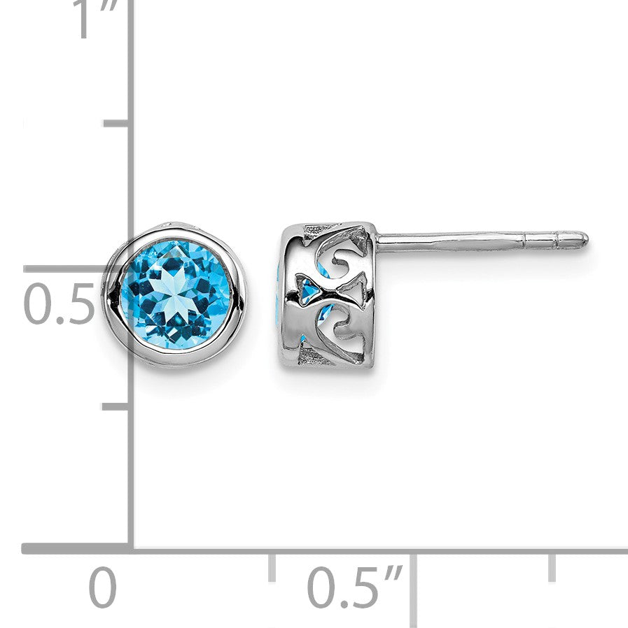 Sterling Silver Rhodium Polished Blue Topaz Round Post Earrings