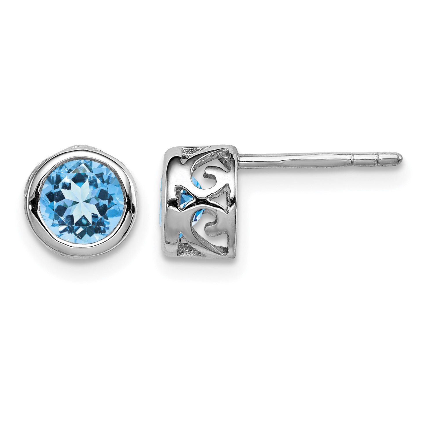 Sterling Silver Rhodium Polished Blue Topaz Round Post Earrings