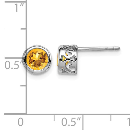 Sterling Silver Rhodium-plated Polished Citrine Round Post Earrings