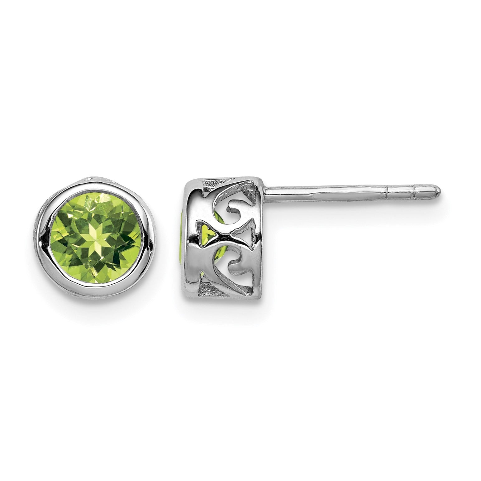 Sterling Silver Rhodium-plated Polished Peridot Round Post Earrings
