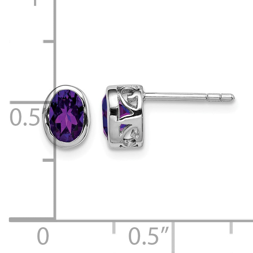 Sterling Silver Rhodium-plated Polished Amethyst Oval Post Earrings