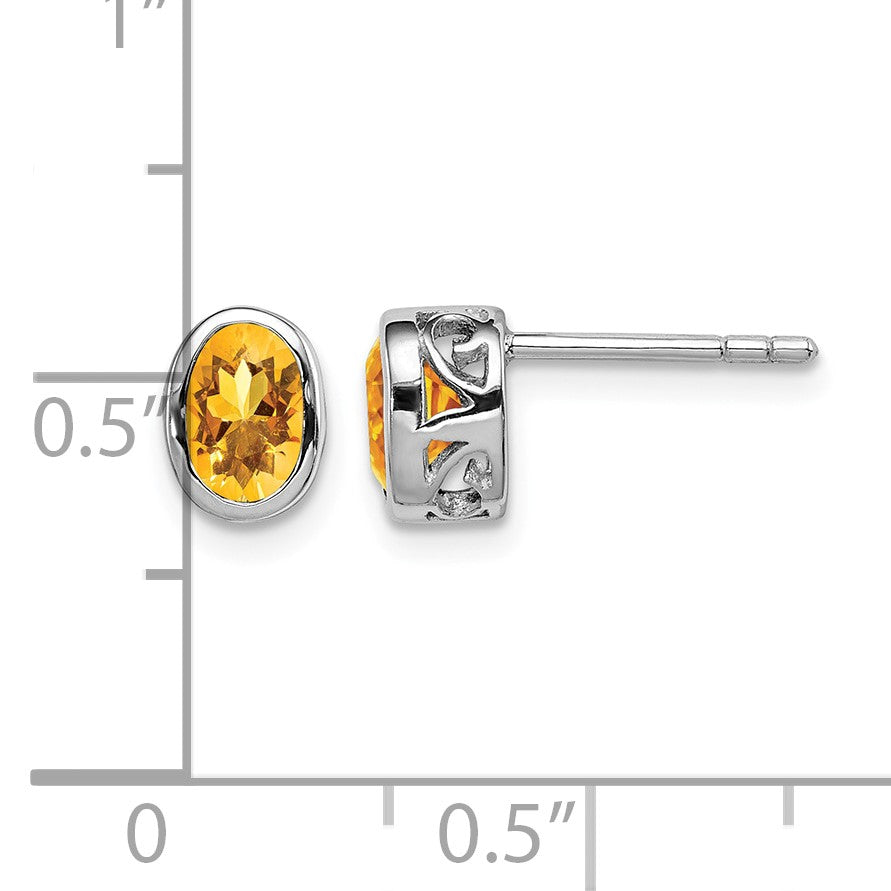 Sterling Silver Rhodium-plated Polished Citrine Oval Post Earrings