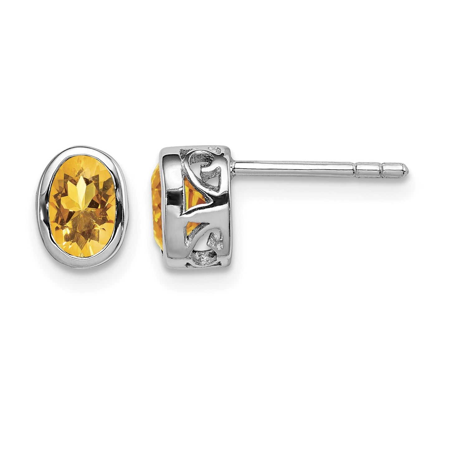 Sterling Silver Rhodium-plated Polished Citrine Oval Post Earrings