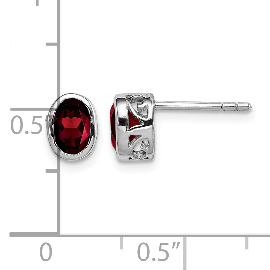 Sterling Silver Rhodium-plated Polished Garnet Oval Post Earrings