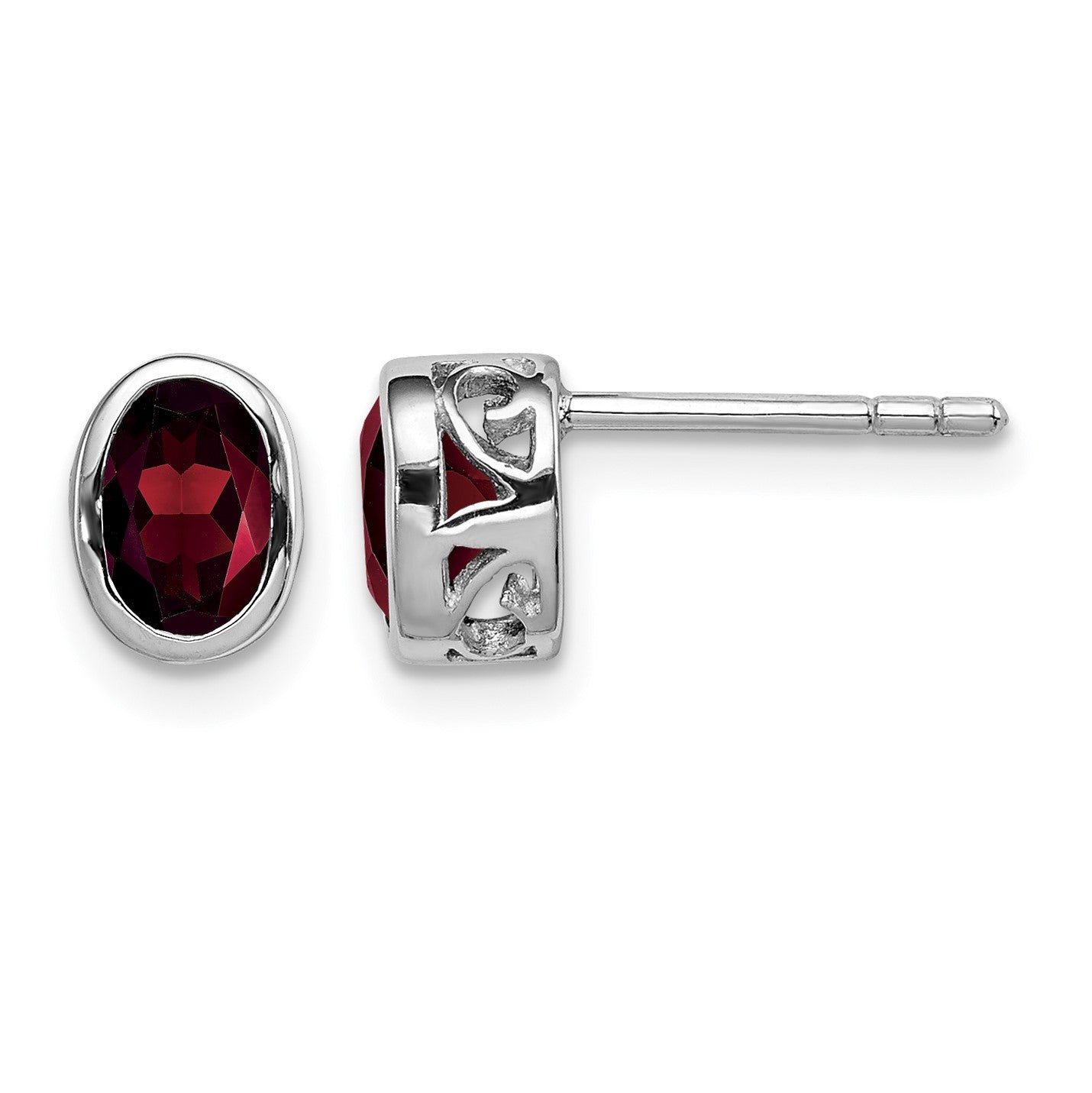 Sterling Silver Rhodium-plated Polished Garnet Oval Post Earrings