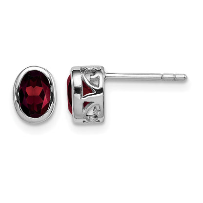 Sterling Silver Rhodium-plated Polished Garnet Oval Post Earrings