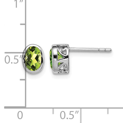 Sterling Silver Rhodium-plated Polished Peridot Oval Post Earrings