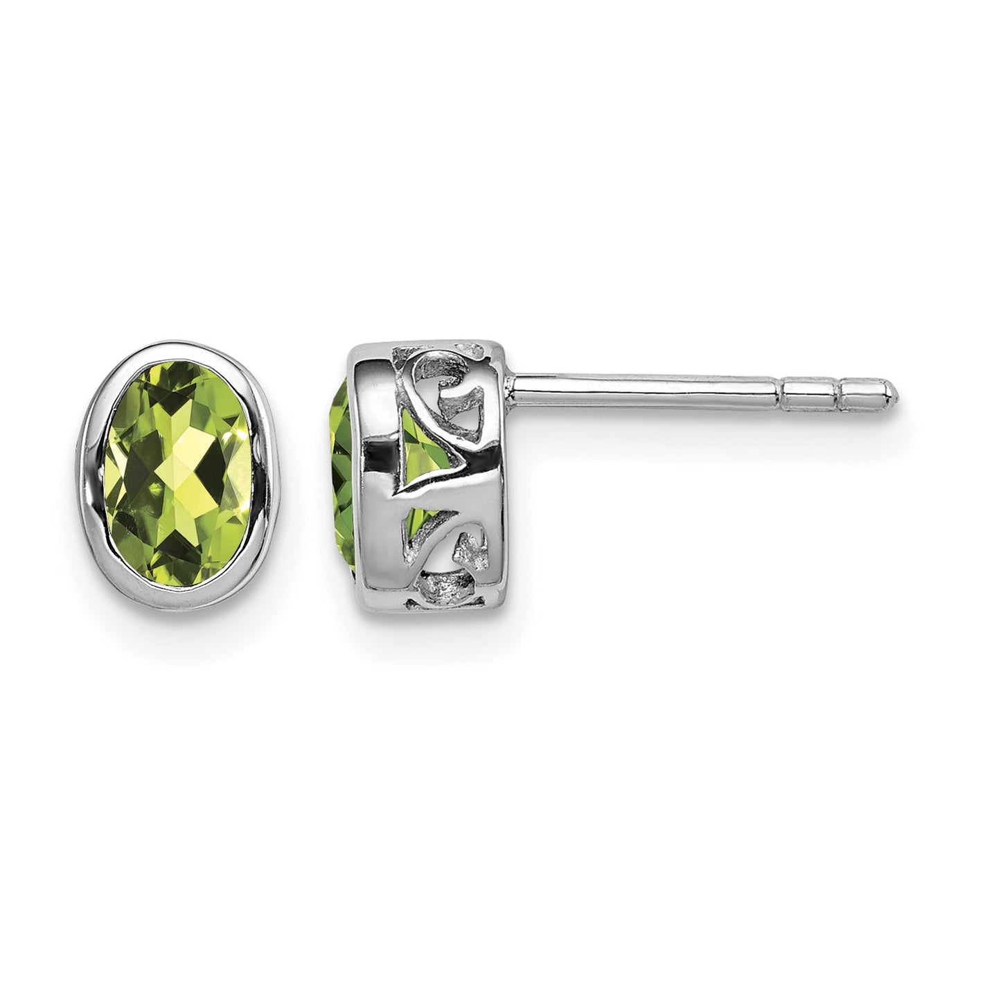 Sterling Silver Rhodium-plated Polished Peridot Oval Post Earrings