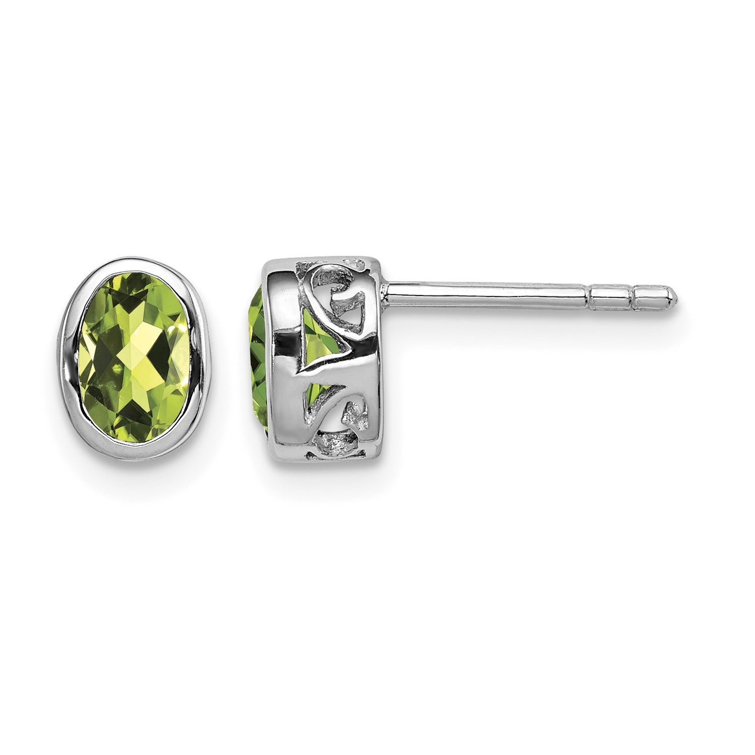 Sterling Silver Rhodium-plated Polished Peridot Oval Post Earrings