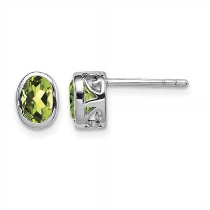 Sterling Silver Rhodium-plated Polished Peridot Oval Post Earrings