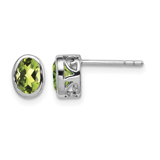 Sterling Silver Rhodium-plated Polished Peridot Oval Post Earrings