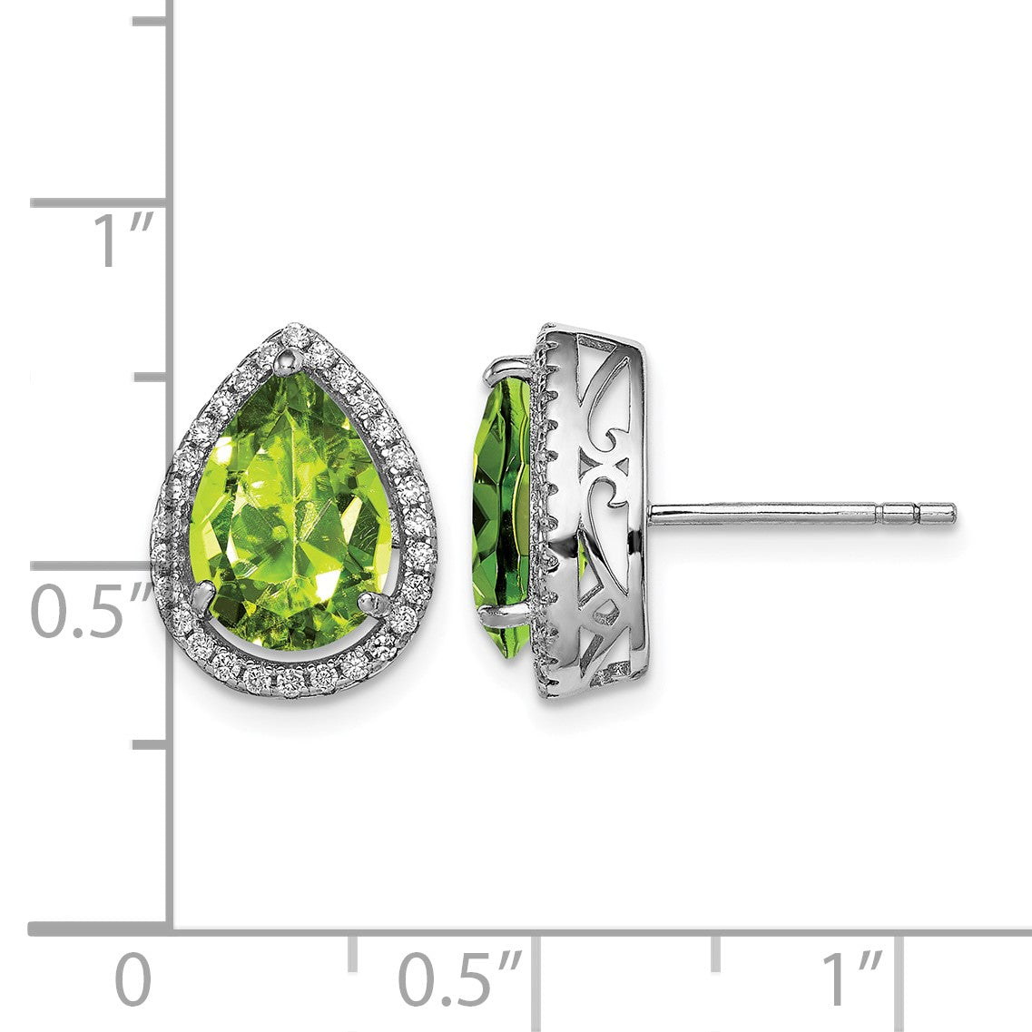 Sterling Silver Rhodium Polished Simulated Peridot & CZ Post Earrings