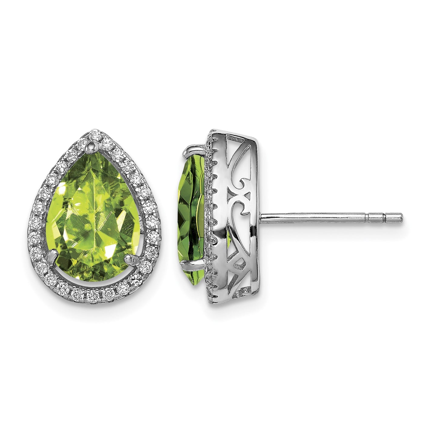 Sterling Silver Rhodium Polished Simulated Peridot & CZ Post Earrings