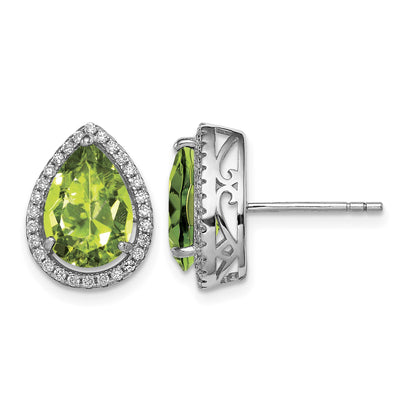Sterling Silver Rhodium Polished Simulated Peridot & CZ Post Earrings