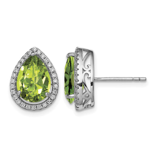 Sterling Silver Rhodium Polished Simulated Peridot & CZ Post Earrings